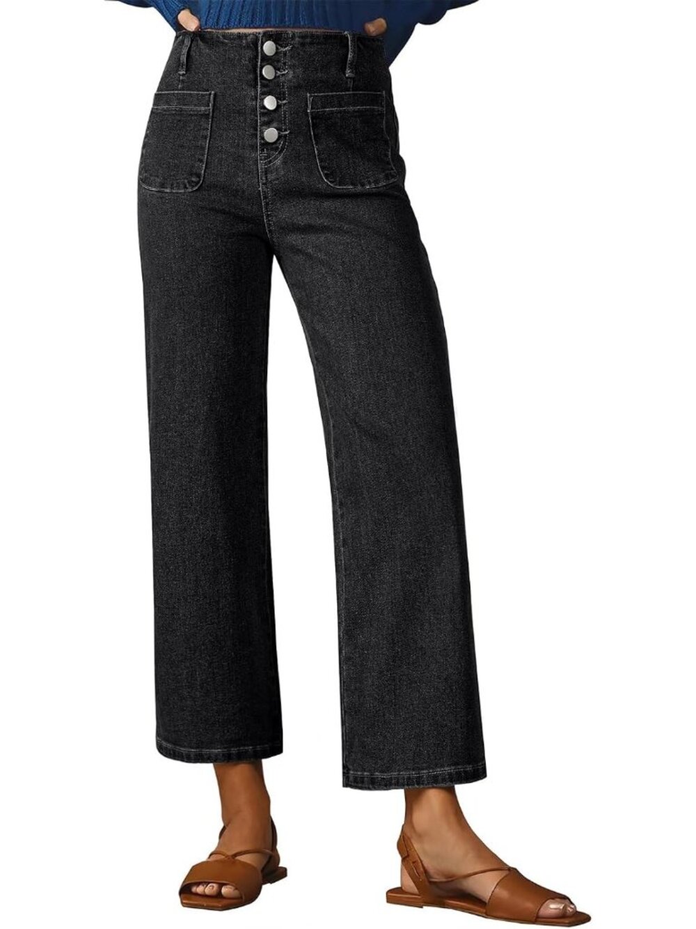 Women's Black High Waisted Jeans Stretchy Denim Pant Casual Wide Leg Jeans